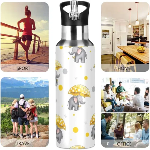 Vista 5 de Stainless Steel Water Bottle 20 Oz, BPA-Free Sports Water Bottle for Gym Outdoor Travel School, Cute Elephants Yellow Umbrellas