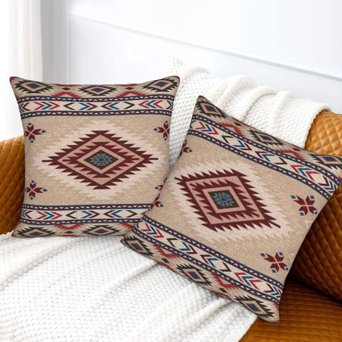 Vista 3 de Juego de 2 fundas de almohada de estilo étnico vintage, estampado geométrico azteca, étnico, tribal, para dormitorio, sala de estar, sofá