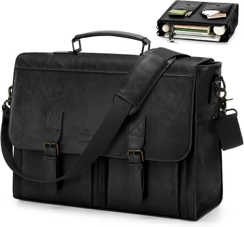 Vista 8 de RAINSMORE Bolsa de mensajero para hombre 17.3 pulgadas Vintage PU cuero Marrón