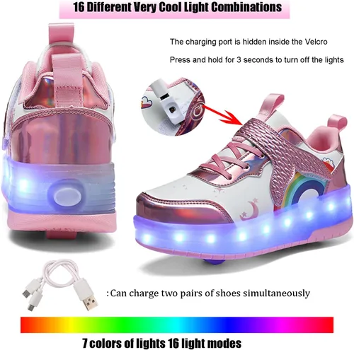Vista 2 de Zapatos con ruedas para niños y niñas, patines, zapatillas deportivas con luz LED recargable para principiantes, el mejor regalo