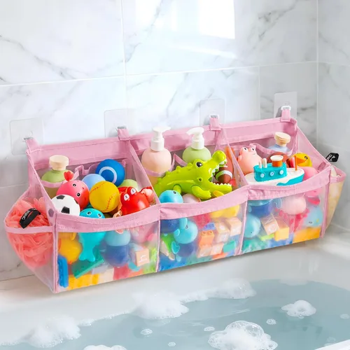 Vista 12 de Extra Large Bath Toy Organizer with 3 Compartments and Multiple Pockets, Quick-Dry Mesh Bathtub Storage for Kids' Toys (Blue)