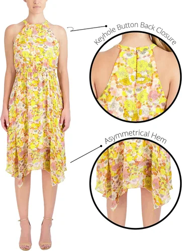 Vista 5 de BCBGeneration Vestido midi ajustado y acampanado con cuello halter elástico y dobladillo asimétrico, Libro de cuentos Floral
