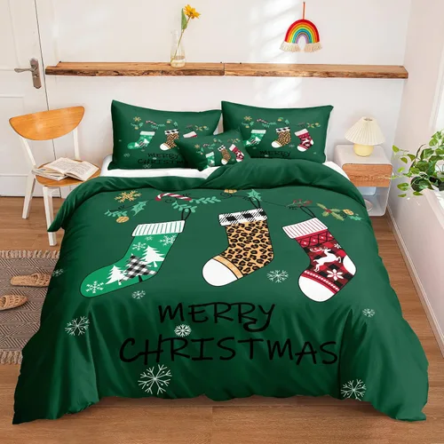 Vista 34 de Juego de ropa de cama de Navidad con funda de edredón de copos de nieve, color blanco y rojo, con estampado navideño, juego de ropa de cama festiva
