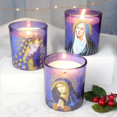 Vista 5 de Juego de 3 velas de soja aromáticas de romero con aroma a romero, velas devocionales de vigilia de larga duración para iglesia católica, hogar