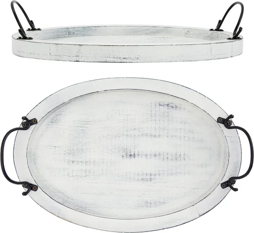 Vista 3 de Farmlyn Creek Bandeja de madera de 16 x 11 x 2 pulgadas, ovalada blanca rústica, bandeja para servir con asas para decoración de mesa auxiliar