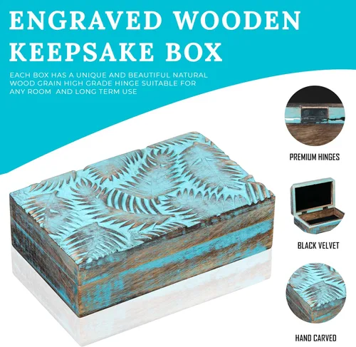Vista 2 de Caja de madera - Caja de recuerdo con tapa - Caja de memoria para recuerdo - Diseño de hojas - Caja de cristal para guardar piedras, diseño grabado
