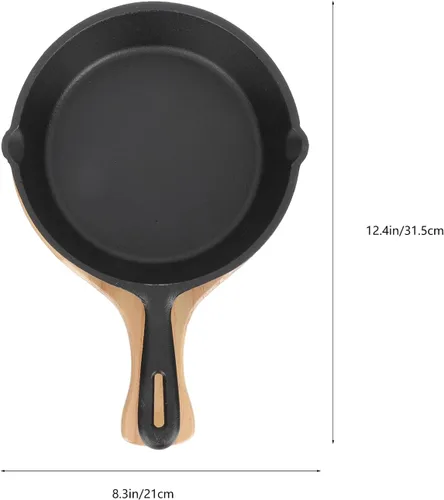 Vista 2 de Sartén antiadherente de hierro fundido grueso con mango y tabla de madera, sartén de cocina para el hogar para huevos, panqueques, pizza y carne