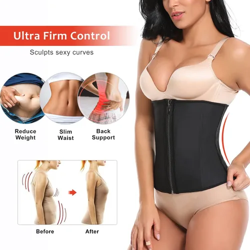 Vista 4 de MISS MOLY Corsé de látex para mujer, corsé de entrenamiento de cintura con cremallera y gancho, faja deportiva de reloj de arena
