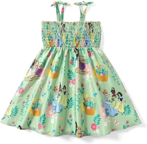 Vista 15 de Disney Vestido de princesa Frozen, Elsa, Minnie Stitch, para niña, con lazo, tirantes fruncidos, traje de verano, para fiesta de cumpleaños, 2-9 años