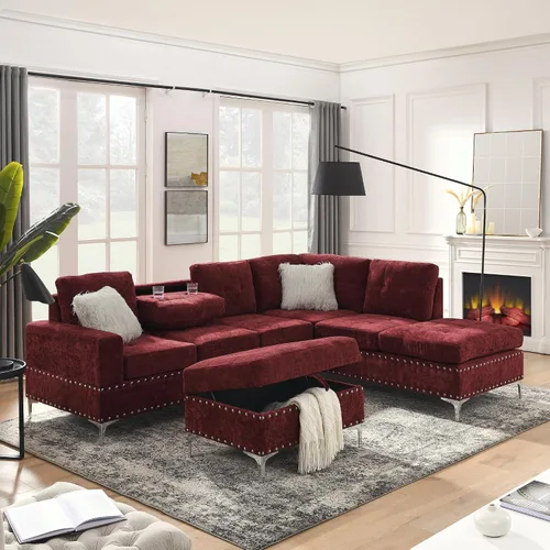 Vista 9 de Yoglad - Sofás seccionales de 108'' para sala de estar, sofá modular de 5 plazas con chaise reversible y portavasos, sofá de esquina en forma de L