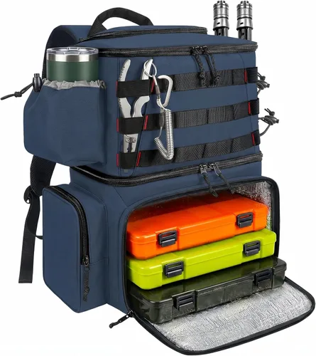 Vista 16 de MATEIN Mochila para Pesca, Bolsa de Equipo de Pesca Resistente al Agua con Soportes para Caña de Pescar y Enfriador, Regalos de Equipo para Hombres