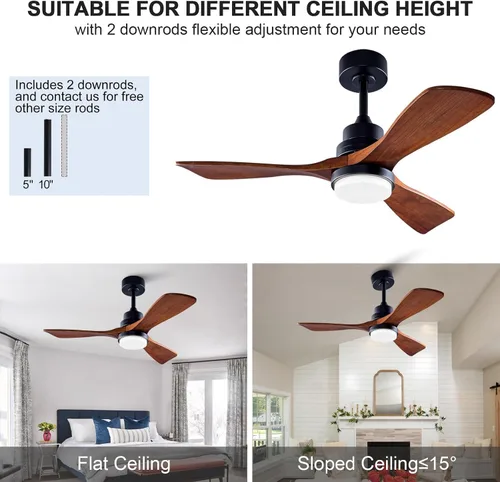 Vista 2 de Ventiladores de techo para exteriores de 42 pulgadas con luces y control remoto, ventiladores de techo regulables de madera de 3 aspas para patios