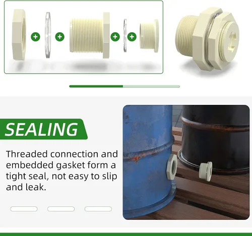 Vista 4 de TAISHER Adaptador de conector de tanque de mamparo de 1 pulgada de ABS blanco con tapones y junta para tanque de agua, barriles de lluvia, acuarios
