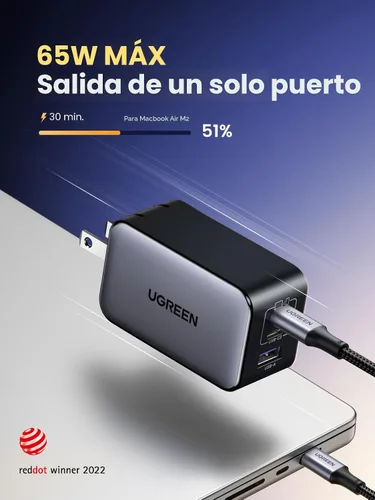 Vista 2 de UGREEN Nexode Cargador de pared GaN USB C de 65W, adaptador de corriente compacto plegable de 3 puertos y carga rápida para iPhone serie 17/16/15