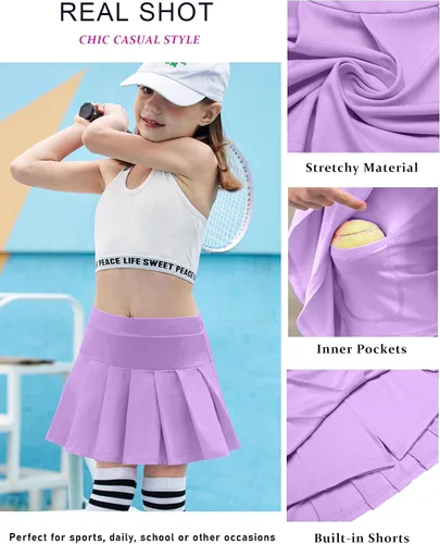 Vista 4 de Arshiner Faldas de tenis para niña con pantalones cortos, falda plisada atlética, falda pantalón de entrenamiento con bolsillos para niños de 4 a 13