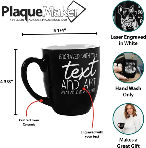 Vista 3 de PlaqueMaker Taza de café Bistro de cerámica personalizada, texto grabado con láser, 16 onzas (negro)