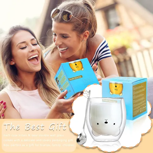 Vista 5 de Binoster Tazas Lindas de Oso Kawaii de Vidrio de Doble Pared para Café y Té, Taza de Yogur Divertida, Regalo Novedoso para Mujeres, Sus Amigas