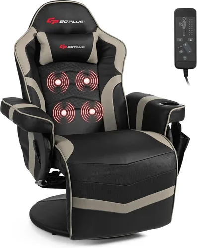 Vista 12 de Goplus - Silla gamer con masaje, altura ajustable, para videojuegos, con reposapiés retráctil, soporte para tazas, reposacabezas, silla giratoria