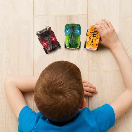 Vista 7 de Skylety - Paquete de 6 coches de carreras de dinosaurios LED compatibles con la mayoría de pistas, bestia Battery Powered Glowing Toys