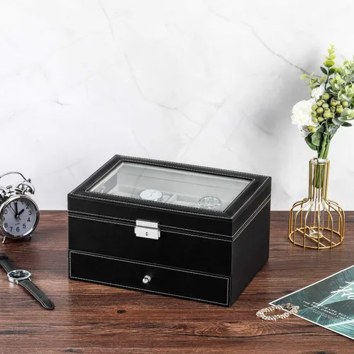 Vista 3 de BASTUO Caja de reloj para hombres 20 relojes organizador con funda de almacenamiento de reloj de piel sintética, organizador de colección de joyas