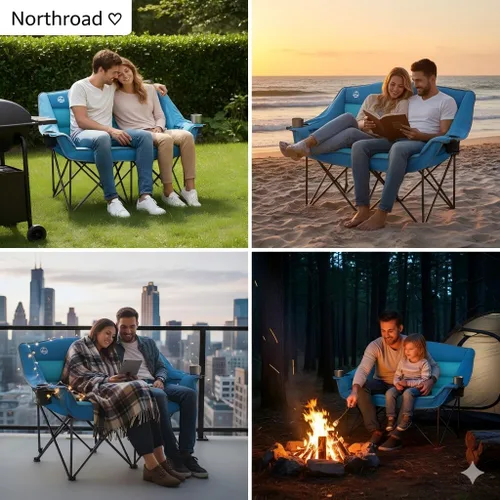 Vista 7 de Northroad Silla de camping doble de gran tamaño, sofá biplaza totalmente acolchado, silla doble plegable resistente con portavasos, reposabrazos