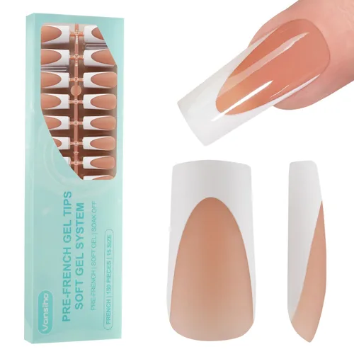 Vista 11 de Vansiho Uñas postizas de gel francés de almendra media, uñas suaves rosadas
