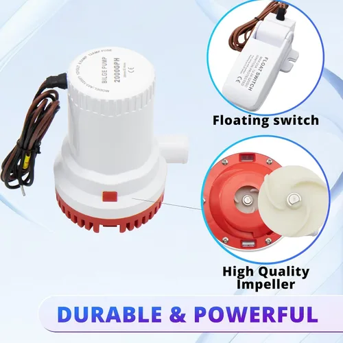 Vista 3 de Kit de bomba de sentina no automática de 12 V 2000 GPH con interruptor de flotador, combo de bomba de agua sumergible para barcos, 8.5 A resistente