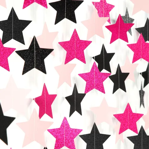 Vista 10 de Guirnalda de decoración de cumpleaños y graduación en negro y plata - 18.9 metros de serpentinas brillantes con purpurina y estrellas colgantes