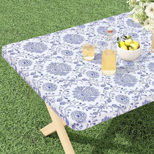 Vista 14 de misaya Mantel rectangular de vinilo, mantel ajustable, 100% impermeable, borde elástico, reverso de franela, mantel de plástico para mesas plegables