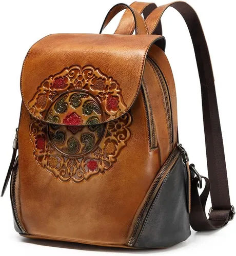 Vista 8 de Mochila de cuero para mujer, organizador retro de bronceado vegetal, bolso de cuero vintage en relieve tótem, naranja marrón, Bolso de hombro tótem