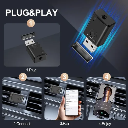 Vista 6 de Adaptador USB Bluetooth 5.4 para automóvil, receptor de música Bluetooth Plug & Play, kit de conector auxiliar de 0.138 in para automóvil, micrófono