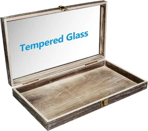 Vista 3 de MOOCA Caja de almacenamiento de 2 piezas de vidrio templado de madera con cierre de metal, bandeja de joyería de madera para coleccionables, vitrina