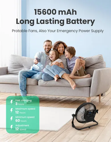 Vista 2 de Ventilador de suelo portátil de 10 pulgadas, funciona con pilas, ventilador recargable inalámbrico, ventilador inalámbrico de alta velocidad, carga