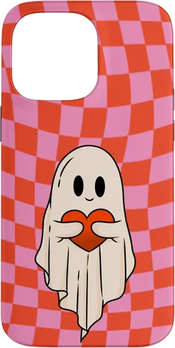 Vista 21 de Funda para iPhone 17 de San Valentín Retro Ghost Hugging Heart Checkerboard Rosa Rojo