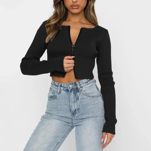 Vista 3 de Long Sleeve Crop Tops for Women Boat Neck Slim Full Zip Up Fitted Kintted Plain Fall Tshirts Tee Bottoming Rib Knit Spring