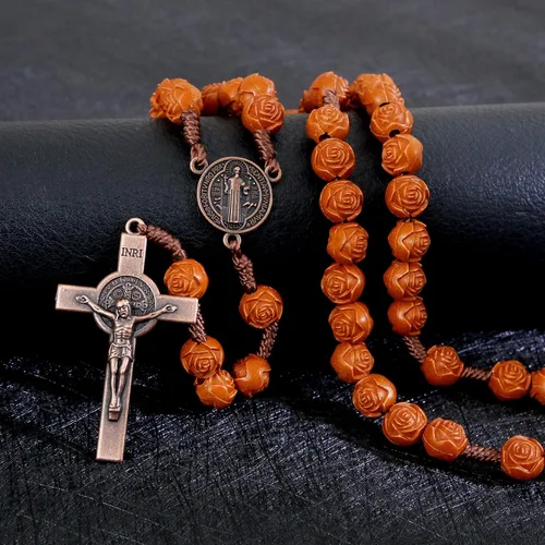 Vista 3 de KOMI Rosarios católicos de madera hechos a mano, collar de cuentas de rosario de madera de Belén, oración cristiana, medalla de tierra santa y cruz