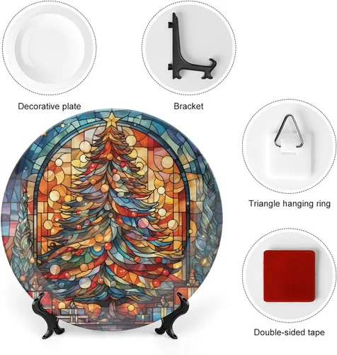 Vista 3 de Árbol de Navidad de acuarela en placa para decoración de pared en casa y oficina, plato decorativo con soporte de exhibición, adorno de cerámica