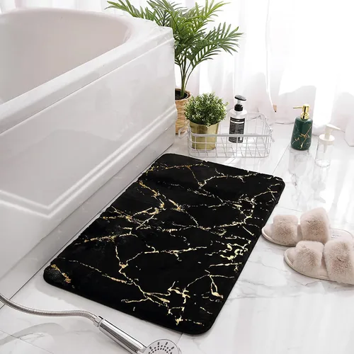 Vista 7 de Juego de 3 alfombras y tapetes de baño antideslizantes de mármol negro dorado, suave, lavable, absorbente de agua, con contorno en forma de U y tapa
