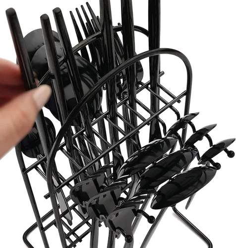 Vista 5 de Juego de cubiertos básicos de 24 piezas con un soporte para cubiertos, acero inoxidable 18/0 acabado espejo, cuchillo, tenedor, cucharilla, juego