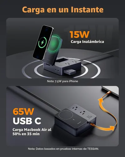 Vista 4 de TESSAN Magic 65W Charging Station USB Phone Charger with Wireless Charging Black