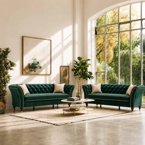 Vista 12 de Beige Velvet Chesterfield Sofa Set, 89.5" 3 Seater Couch for Living Room 2pcs Beige