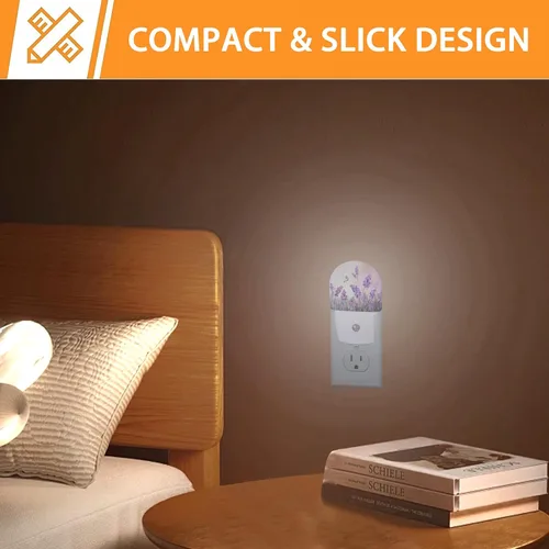 Vista 6 de Luz nocturna de mariposa con flores de lavanda, luces nocturnas enchufables a la pared con sensor de atardecer a amanecer, lámpara para dormitorio