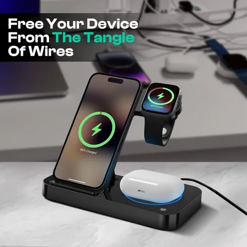 Vista 2 de Estación de carga inalámbrica 4 en 1 para iPhone, Apple Watch y AirPods - Cargador inalámbrico para iPhone Series 16/15/14/13/12 - Apple iWatch Negro