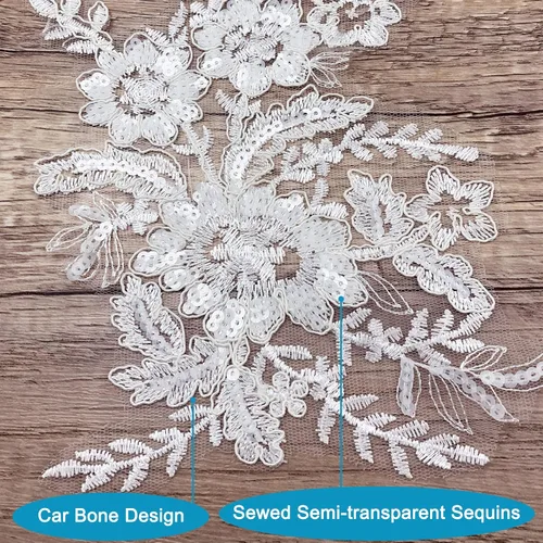 Vista 7 de 1 par de apliques de encaje con bordado de flores de lentejuelas, parches para coser para boda, vestido de novia, vestido de fiesta, ropa, corpiño