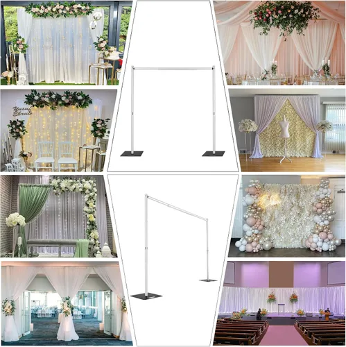 Vista 7 de Hecis Soporte de fondo de tubo y cortina, soporte de fondo de 8 x 10 pies, fondo de metal ajustable resistente para bodas, fiestas, fiestas