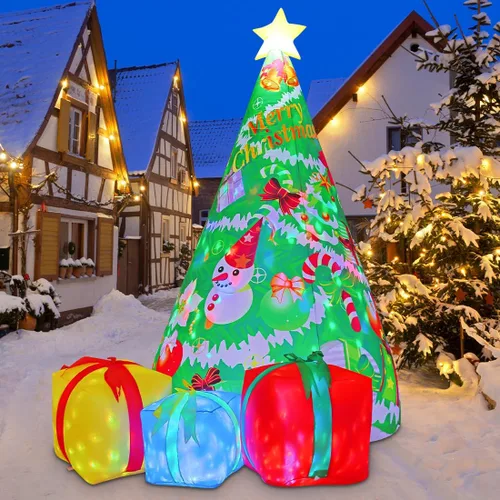 Vista 3 de COMIN - Árbol de Navidad inflable de 2.1 m para decoración al aire libre, caja de regalo, inflable con LED integrados para fiesta en interiores