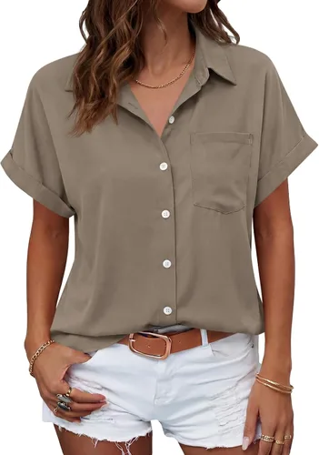 Vista 27 de Beautife Camisas con botones para mujer, blusas de manga corta Albaricoque