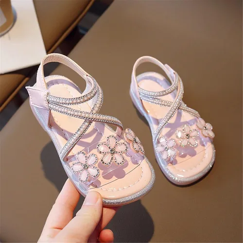 Vista 4 de Sandalias de verano para niñas grandes con diseño de flores de cristal, zapatos de princesa para uso diario con vestido de princesa, zapatos