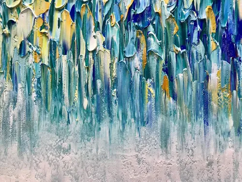 Vista 4 de AMEI Arte, 24 x 60 pulgadas, grande, pintado a mano, abstracto, texturizado, dorado, azul, pinturas acrílicas, arte de pared multicolor, estirado
