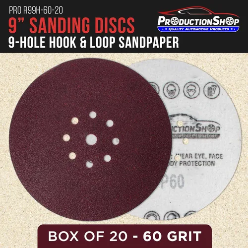 Vista 2 de ProductionShop Discos de lijado de grano 60 con patrón rojo de 9 agujeros de 9 pulgadas, caja de 20 – Papel de lija sin polvo con respaldo de gancho